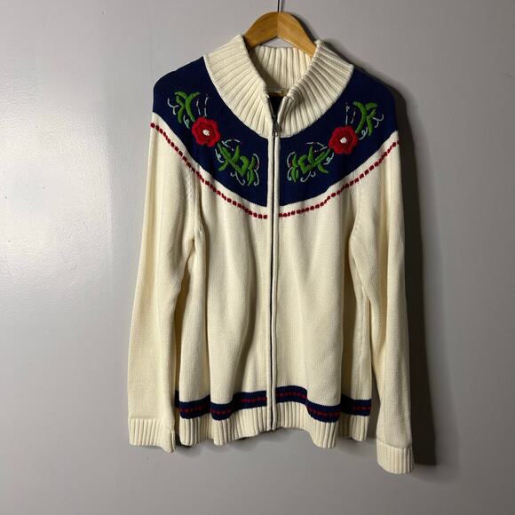Talbots Nordic Floral Embroidered Mock Neck Zip Front Cardigan Women's XL Cream - Picture 1 of 6